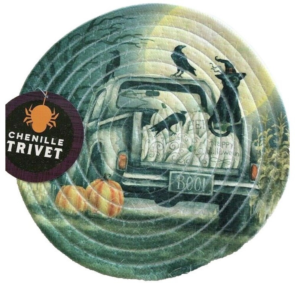 Halloween Haunted Farm Truck Trivet Hot Pad 9" Round Braided Chenille Spooky